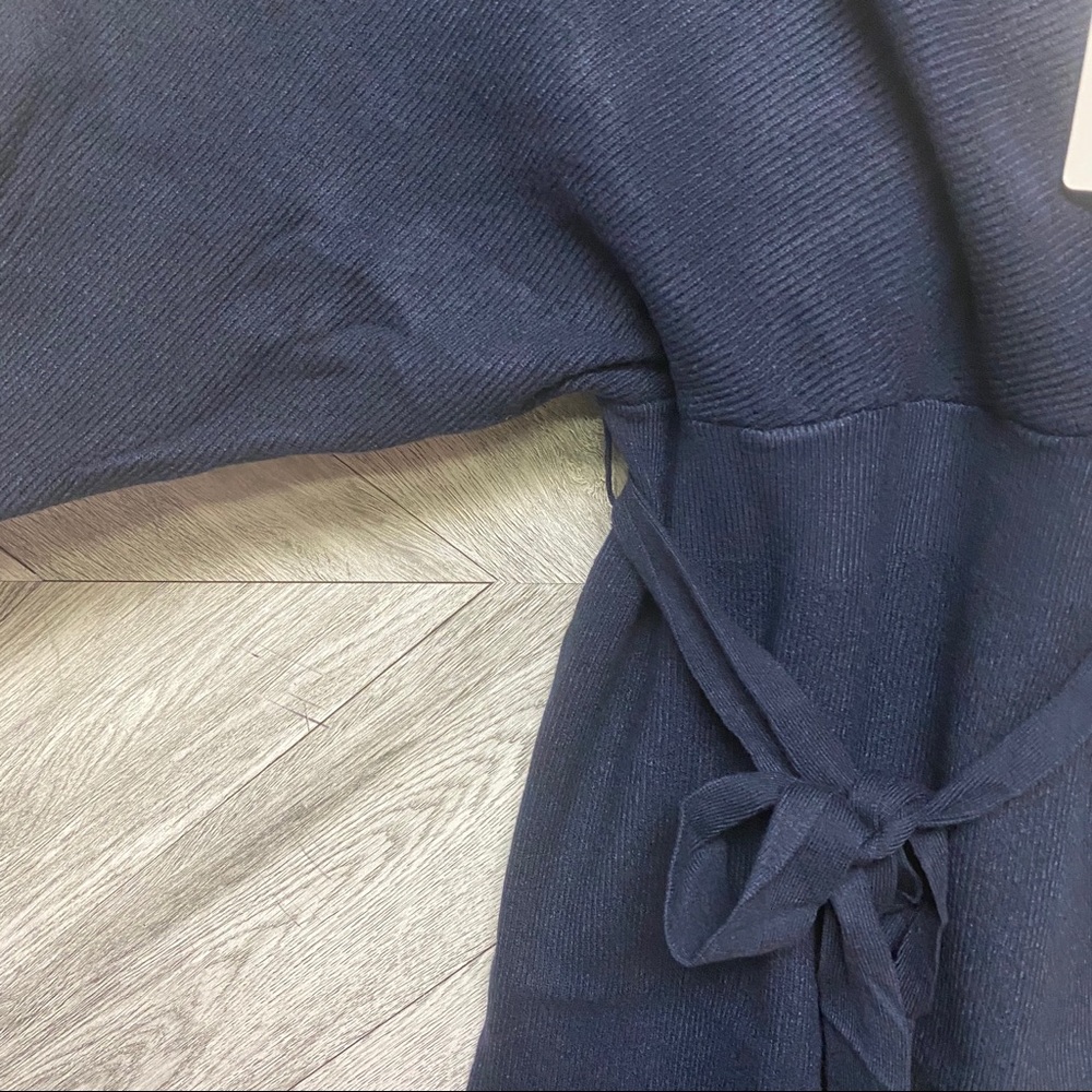 Navy V Neck Wrap Ribbed Cashmere Sweater Dress - Picture 6 of 7